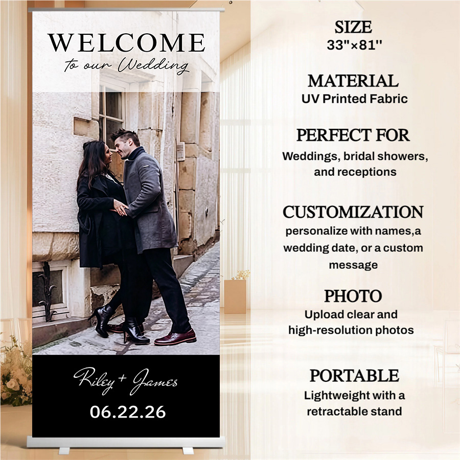 Customized wedding retractable banners - personalized photo wedding welcome signs, reception decorations and background curtains